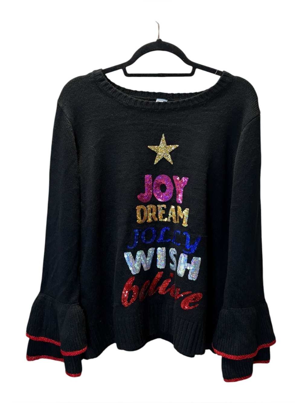 Holiday Time Black Sweater with multicolored Sequin Words Holiday Sweater